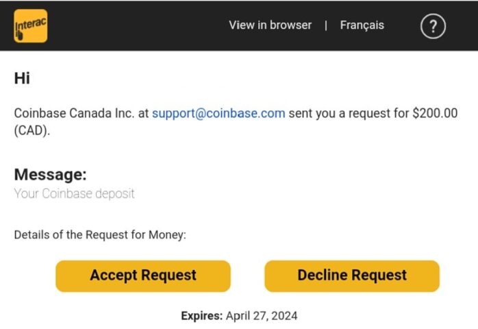 step 3 Interac e-Transfer coinbase email  request